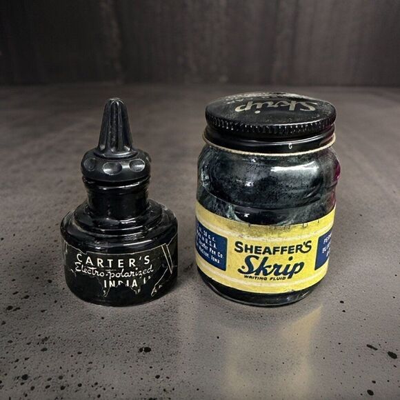 Set of 2 Vintage Glass Writing Fluid Bottles | Antique Desk Decor | Collectible - Picture 1 of 6